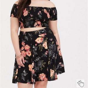 Black Floral Challis Smocked Top & Skirt 2-Piece Set